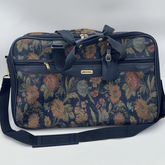 VTG Jaguar Tapestry Blue Floral Carpet Overnight Weekender Luggage Shoulder Bag - Picture 1 of 7